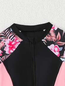 SHEIN 青少年女孩一件式泳衣，度假休閒風，熱帶印花，針織面料，傳統阿拉伯服飾風格，中東風長袖長褲，胸前對比色拼接，拉鍊開合，一件式防曬泳衣，時尚休閒精緻華麗，淑女風，適合游泳、夏季度假、夏季海灘 - 黑色 - 查看 4