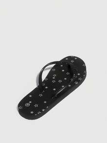 Grefit Star Printed Flat Home Beach Flip Flops (Random Solid/Hollow Star Pattern, Slight Paint Smear On Printed Pattern Is Normal) Back To School Shoes College Student Shoes Spring Shoes Spring Break Easter For Casual Beach Style For Christmas Beach Shoes Summer Shoes - Black - View 3
