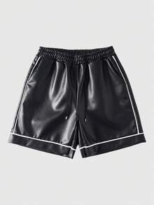 ROMWE MEN Street Life 男士抽绳腰带口袋PU休闲短裤 - 黑色 - 查看 1