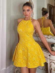 Vestido de gasa a cuadros tejidos de estilo romántico en verde, adecuado para vacaciones en la playa, uso casual, citas, Día de San Valentín, ocio urbano retro, negocios y trayectos, - Amarillo 2 - Ver 12
