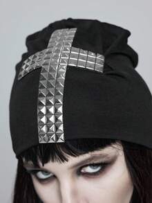 ROMWE Goth 1pc Punk Style Lightweight Rivet Decorated Beanie, High-Quality Y2K Vintage Solid Black Warm Fold-Over Hat, Fashionable Daily All-Season Wear - Black - View 2