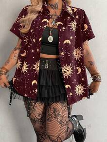 Flirla Black Minimalist Comfortable Casual Turndown Collar Printed Short Sleeve Shirt - Burgundy - View 4