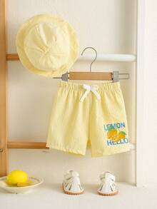 SHEIN Unisex Baby Boy Baby Girl Baby Boy 2pcs Embroidered Cute Vacation Style Yellow Striped Beach Pants And Sun Hat Set, Baby Swimsuit, Beach Wear, Suitable For Beach Vacation And Swimming - Yellow - View 7