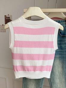 Comfortcana Women's Striped And Cartoon Pattern Colorblock Trim Sleeveless Knit Vest - Pink - View 2