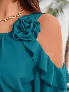 Vionelle Plus Cold Shoulder Ruffle Trim Blouse For Summer For New Year Clothes - Blue - View 7
