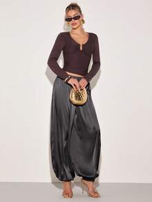 COSMINA Women's Drawstring Draped Tapered Wide Leg Long Pants - Grey - View 6