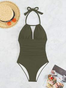 Swim Vcay 女款掛脖綁帶條紋圖案一件式泳衣 - 軍綠色 - 查看 6
