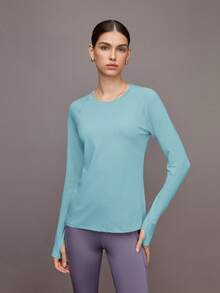 Activina Solid Color Round Neck Loose Fit Long Sleeve Sports T-Shirt, Spring/Summer - Blue - View 2