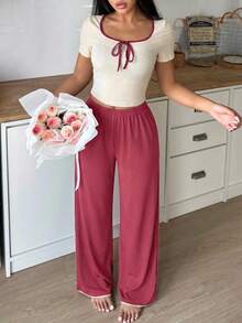 SweetSlumber Contrast Trim Y2K Women's Loungewear Set - Rose Red - View 1