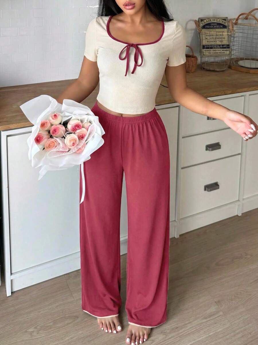 SweetSlumber Contrast Trim Y2K Women's Loungewear Set - Rose Red - View 1