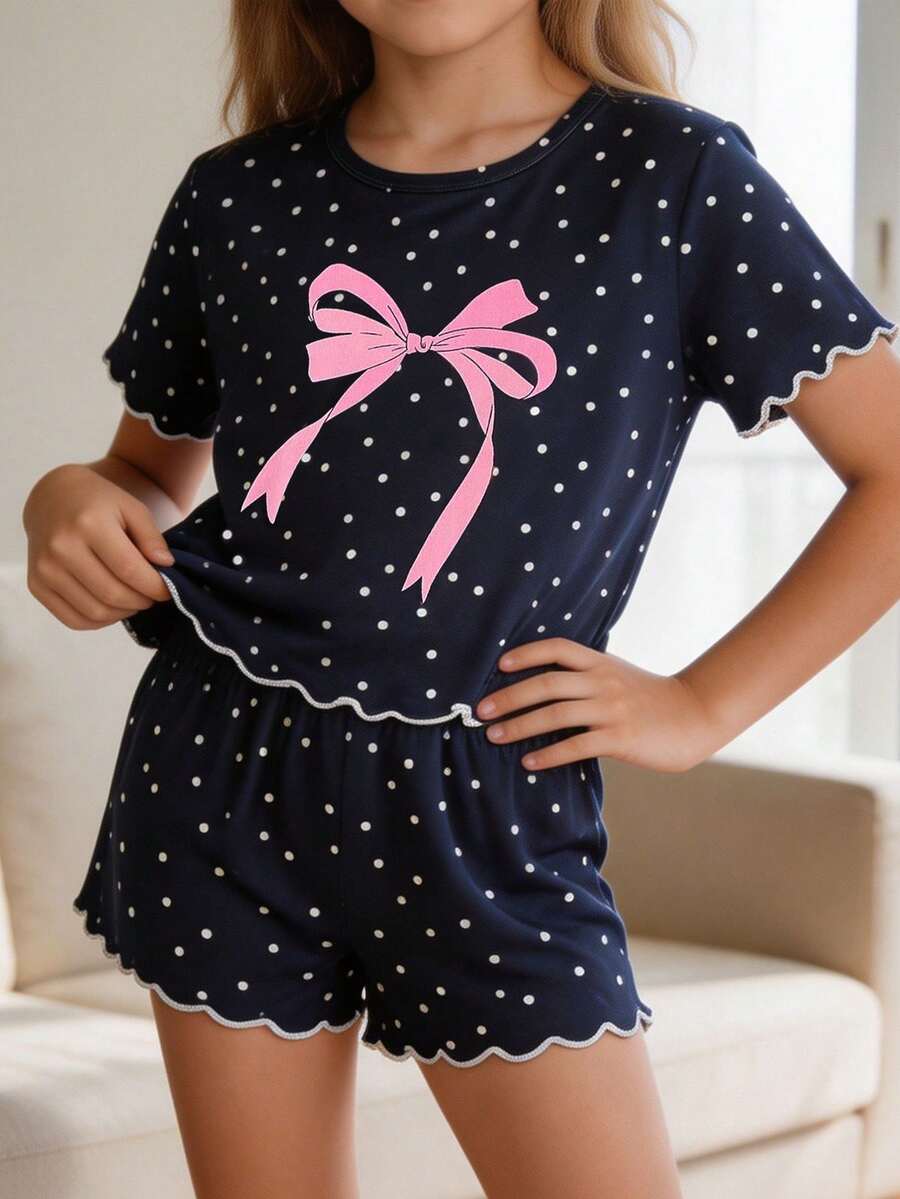 SHEIN 两件套女童波点蝴蝶结印花上衣和卡通波点印花短裤,休闲家居服 - 藏蓝色 - 查看 1