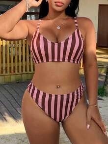 Swim Mod 2026 Summer New Women's Plus Size Bikini Two Pieces Swimwear, Striped Print, Small Round Neck, Adjustable Shoulder Straps, Mid-Waist V-Shaped Triangle Bottoms - Multicolor - View 3