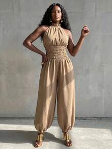 BamGlimmer New Halter Neck High Collar Sleeveless Cold-Shoulder Design Elastic Waist To Raise Waistline Lantern Wide Leg Pants Elegant Casual Dinner Date Khaki - Khaki - View 5