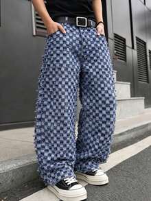 Manfinity Roghcode Jeans de pierna ancha con bolsillos y corte a cuadros para hombres - Azul - Ver 1