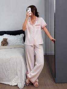 Napfluff Conjunto de pijama con estampado de rayas de corazón dulce, bordado de lazo, bolsillo y cuello de bloques de color - Rosa - Ver 3