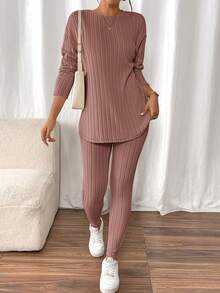 SHEIN Frenchy Camiseta de punto acanalado con hombros caídos & Leggings de tela texturizada Conjunto de dos piezas - Rosa vieja - Ver 4
