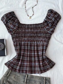 Blusas para niñas preadolescentes con hombros descubiertos y volantes, top a cuadros, top lindo, marrón - Marrón - Ver 2