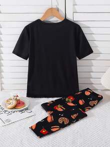 SHEIN Setelan Baju Tidur Rumahan Nyaman untuk Anak Laki-Laki (Tween Boy) Motif Kartun Burger, Pas Badan, Lengan Pendek Ketat, Celana Panjang, Rajut, 2 Potong - Hitam - View 2