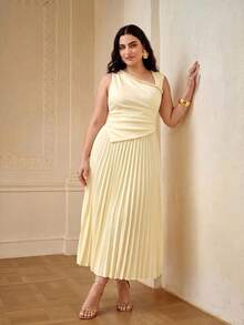 ZEYLAH Plus Size Women's Cinched Waist Gathered Bead Chain Decor Ruched Long Dress Spring Summer - Apricot - View 3