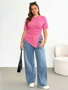 Shapeblank Camiseta negra básica de manga corta para mujer talla grande, con cintura fruncida, bajo irregular y versátil, cómoda y elástica, para uso diario, ideal para looks de verano y sal - Rosa Fucsia - Ver 6