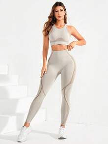 Gameset SHEIN Sport Cropped Tank Top And Leggings Seamless High Elasticity Sports Set - Multicolor - View 8