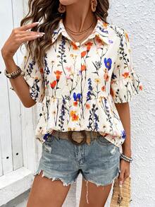 SHEIN Holidaya Women's Summer Fresh Beige Collar Shirt, Cherry Print All-Over Pleated Flare Sleeve Hem Loose Slimming Daily Commute Vacation Versatile Boho Brunch - Multicolor - View 4
