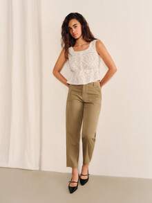 lacRébo Relaxed Khaki Mid-Rise Waisted Cargo Pants With Patch Pockets And Tapered Legs Autumn Going Out Office Work Pants Casual - Green - View 4