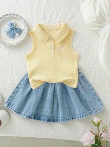 Genkimix Kids 少女 Polo 裙套裝 夏季新品 可愛甜美風 黃色羅紋針織無袖上衣 搭配粉色蝴蝶結刺繡 淺藍色牛仔百褶裙 鬆緊腰 柔軟舒適 休閒日常上學度假旅行穿搭 - 黃色 - 查看 4