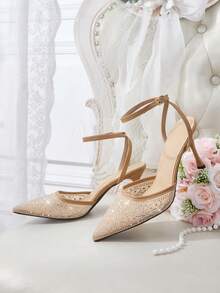 CUCCOO HITCHD 2026 Neue Damen verstellbare Schnalle modische und elegante High-Heels, 9cm spitze Stiletto Schuhe, Aprikose leeres Mesh gepresste Strass Glas dekorative Pyramiden Absatz sexy High-Heels, charmante After-Party Riemen Knöchelriemen Stiletto Mode Schuhe, Büro Damen Outdoor Kleidung, geeignet für Hochzeiten, Abendessen, Partys, Frühlingsferien Ostern Aprikosen - Aprikose 1 - Übersicht 1