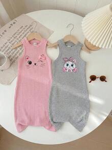 SHEIN LMoss Kids LMoss 青少女可愛貓咪印花無袖休閒兩件式洋裝套裝 - 彩色 - 查看 3