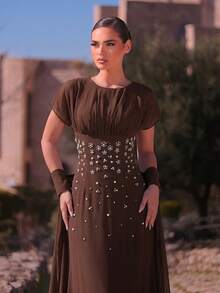Aureia Elegant, , Fashionable Chiffon Fabric Rhinestone Decor Ruched A-Line Formal Party Dress, Suitable For Wedding Guest, Bachelorette Dinner - Brown - View 3