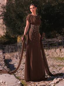 Aureia Elegant, , Fashionable Chiffon Fabric Rhinestone Decor Ruched A-Line Formal Party Dress, Suitable For Wedding Guest, Bachelorette Dinner - Brown - View 6