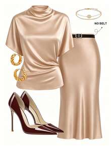 GlowEve CURVE Fashion Plus Size Women's Short Sleeve 2-Piece Set, Semi-High Neck Knit Short Sleeve Top, Fitted Bodycon Mermaid Skirt. Black Belt. Suitable For Casual Daily Wear, Fashionable And Elegant. Also Suitable For Fashionable Commuting Wear - Champagne - View 1