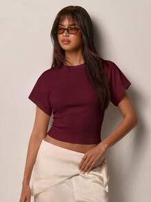 COSMINA Women's V-Neck Short Sleeve Solid Color Casual T-Shirt - Burgundy - View 4