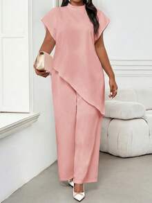 SHEIN Lady 四季兩件式女裝套裝 秋季兩件式套裝 休閒優雅女款 白色梭織立領優雅分層女秋季套裝 新款女兩件式套裝 女款休閒大尺碼套裝 - 粉色 - 查看 2