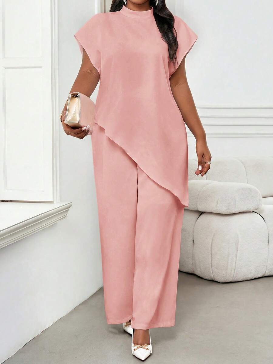 SHEIN Lady 四季兩件式女裝套裝 秋季兩件式套裝 休閒優雅女款 白色梭織立領優雅分層女秋季套裝 新款女兩件式套裝 女款休閒大尺碼套裝