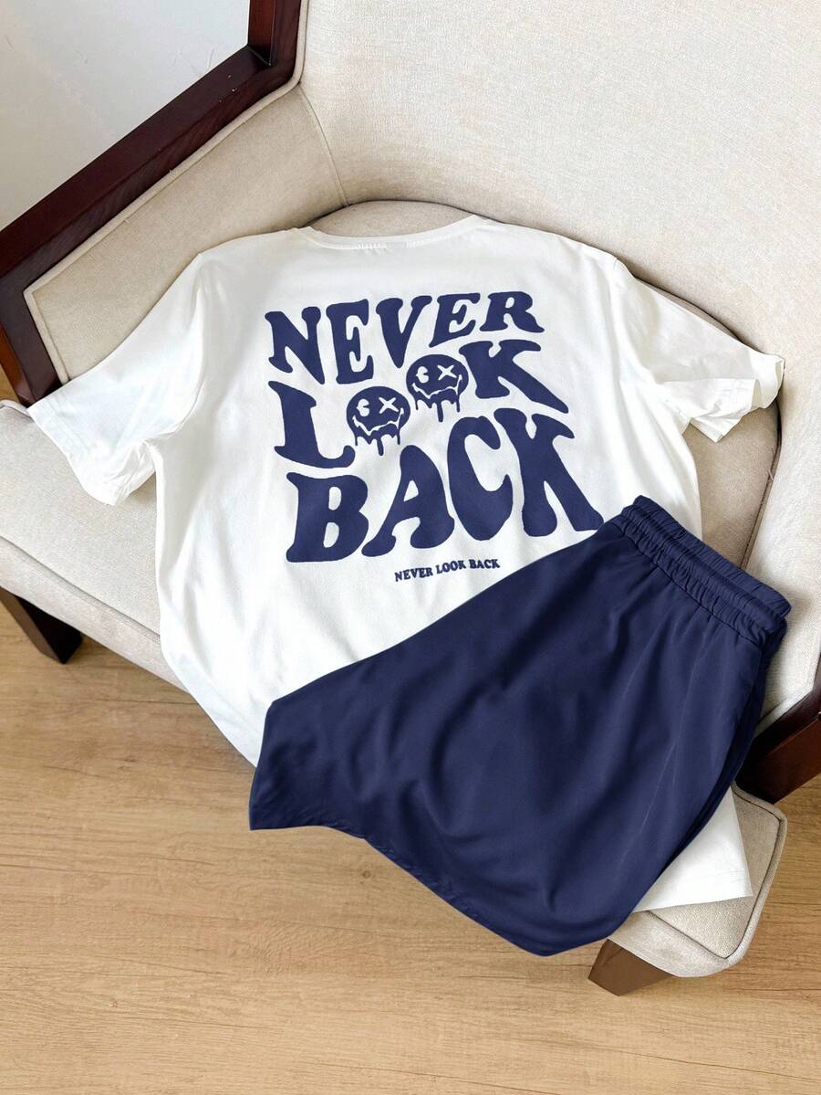 EASEVO Plus Size Men's Back Letter Print Crew Neck Short Sleeve T-Shirt And Pocket Drawstring Waist Shorts Set - Navy Blue - View 1
