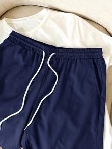EASEVO Plus Size Men's Back Letter Print Crew Neck Short Sleeve T-Shirt And Pocket Drawstring Waist Shorts Set - Navy Blue - View 5