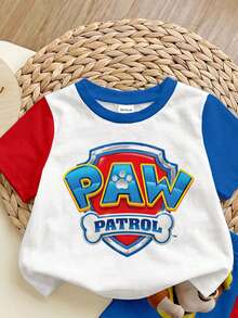 SHEIN | PAW Patrol 男嬰圓領字母圖案撞色短袖T恤與短褲休閒日常套裝，適合春夏季 - 彩色 - 查看 3