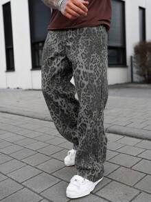 Artur Kramer Men's Denim Jeans With Leopard Print, Retro High Street Fashion Casual Loose Straight Leg Pants - Grey - View 6