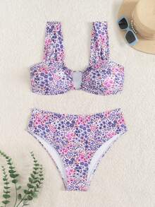 Swim Mod Springbreak Women's Summer New Random Print Multicolor V-Neck Double Strap Sweet Ditsy Floral Pattern Vacation Bikini Set - Multicolor - View 1