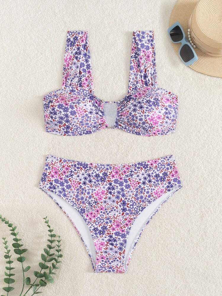 Swim Mod Springbreak Women's Summer New Random Print Multicolor V-Neck Double Strap Sweet Small Floral Pattern Vacation Bikini Set - Multicolor - View 4