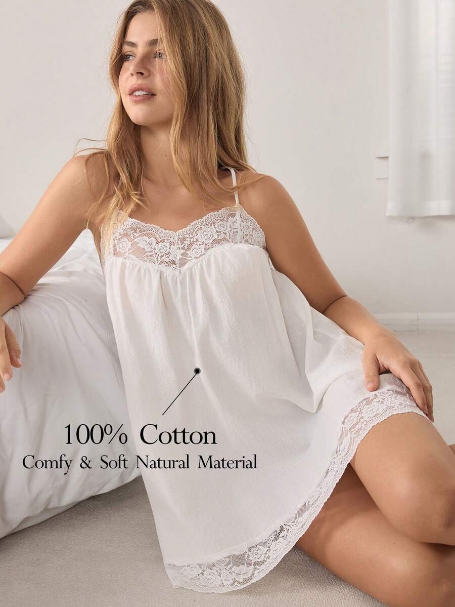 Ocili 100%纯棉花卉蕾丝吊带裙,简约舒适,宽松休闲,女士日常睡衣 - 白色 - 查看 1