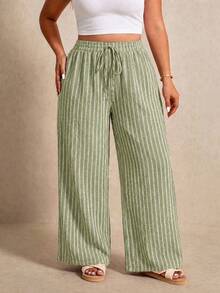 Elaquor Plus Size Women's Light Green Drawstring Waist Loose Long Pants Summer Versatile Beach Vacation Casual - Green - View 4