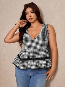Elaquor Plus Size Women's Sweet Plaid V-Neck Lace Patchwork Airport Holiday Vacation Ruffle Hem Top Casual 1920s 90s Cute Summer Daily Wear Oktoberfest - Apricot - View 9
