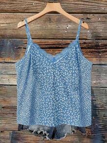 SHEIN LUNE Plus Size Women Floral Contrast Lace Camisole - Blue - View 2