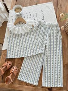 SHEIN LMoss Kids 少女編織花卉荷葉邊上衣與寬鬆長褲 2件套 - 彩色 - 查看 6