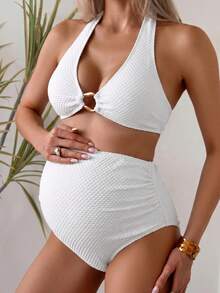Swim Vcay Setelan Baju Renang Dua Potong untuk Ibu Hamil dengan Gesper Logam Bertekstur, Atasan Tank Top Model Halter Neck dan Bawahan Bikini Segitiga - Putih - View 4