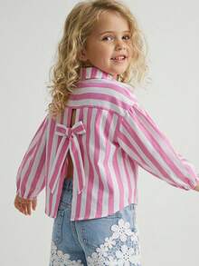 Maija Kids Maija Kids 1件少女優雅都市學院風百搭粉色條紋後蝴蝶結裝飾領寬鬆休閒長袖襯衫，適合返校、日常休閒穿搭、外出、聚會、假日、春夏季秋季 - 粉色 - 查看 7