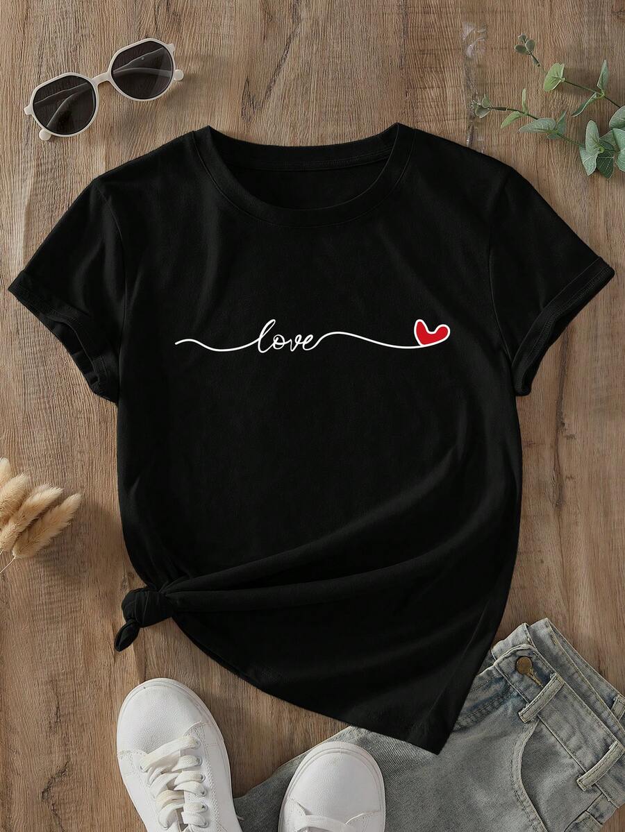 INAWLY Round Neck Short Sleeve T-Shirt Graphic Tees Women Tops - Black - View 1